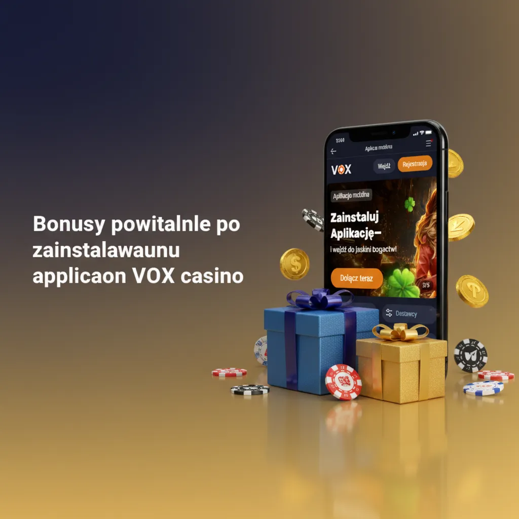 Baner aplikacji VOX Casino: powitalny pakiet do 10 000 PLN + 600 darmowych spinów i bonus na zakłady sportowe.