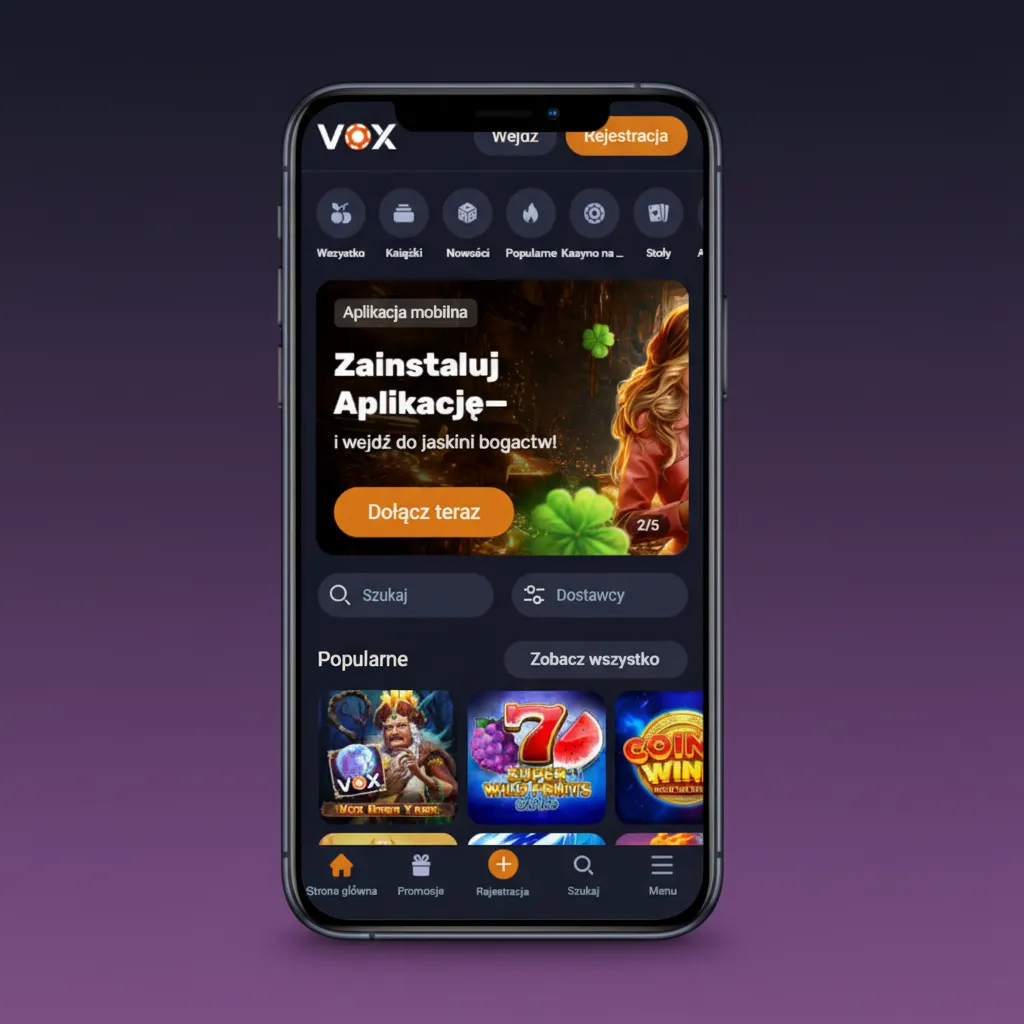 Mobilny interfejs VOX casino z dolnym menu: Kasyno, Live, Zakłady, Kupon, Profil; prosty, czytelny i szybki w nawigacji.