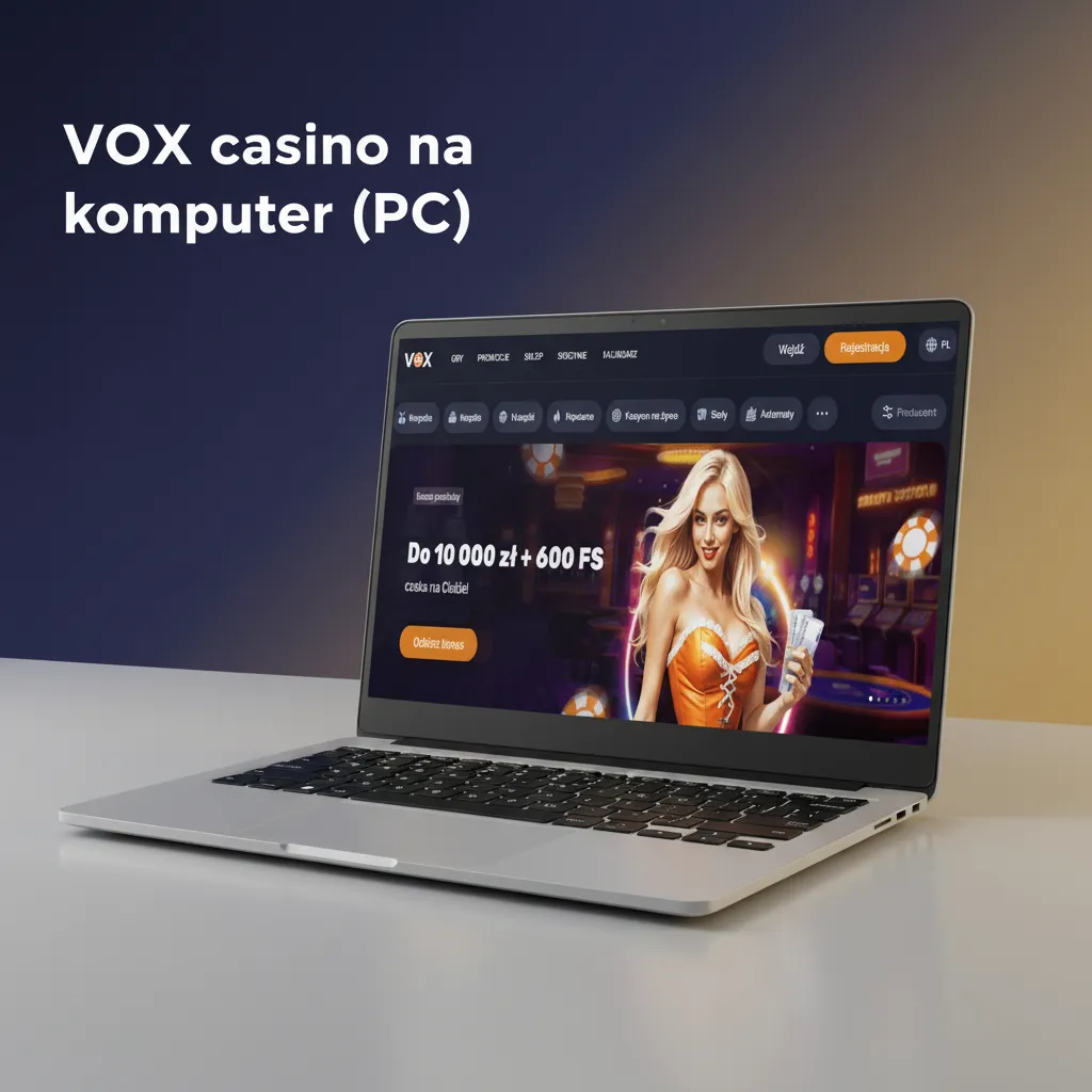 VOX Casino w przeglądarce na komputerze; brak aplikacji, skrót na pasku/Dock, powiadomienia, gry i zakłady.