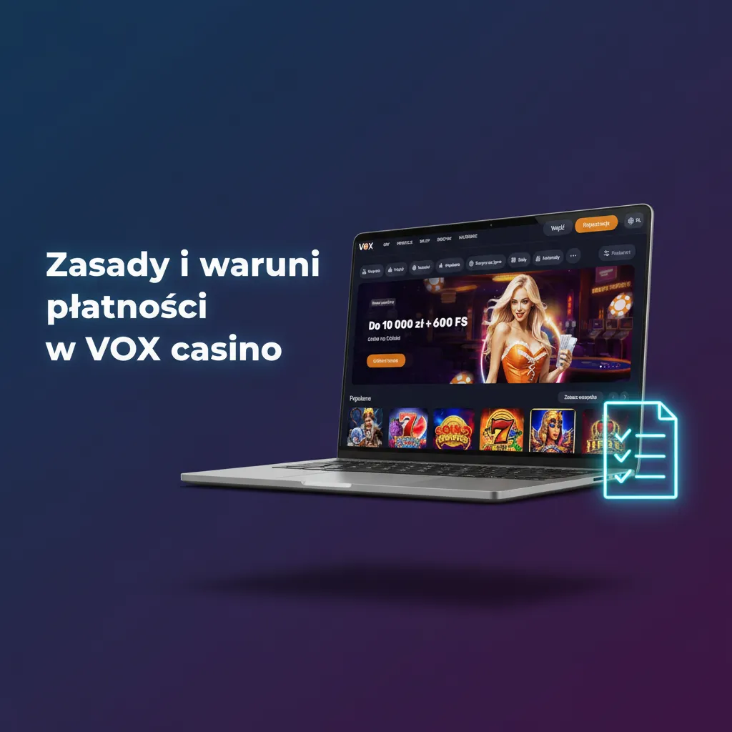 Infografika VOX casino: zasady płatności - KYC, zgodność danych, ta sama metoda, obrót bonusów, limity i AML.